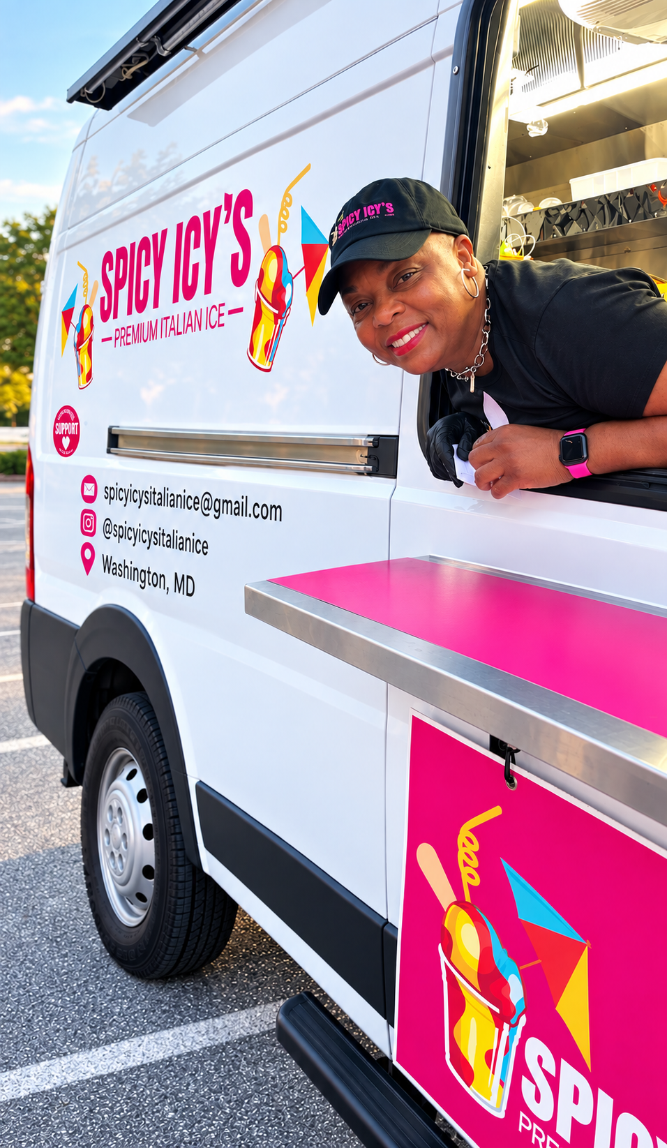 Spicy Icy's owner with the branded truck