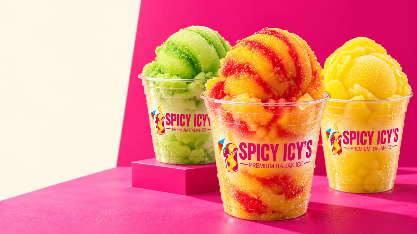 Spicy Icy’s mango-red, lime and lemon Italian ice cups against a vivid pink backdrop